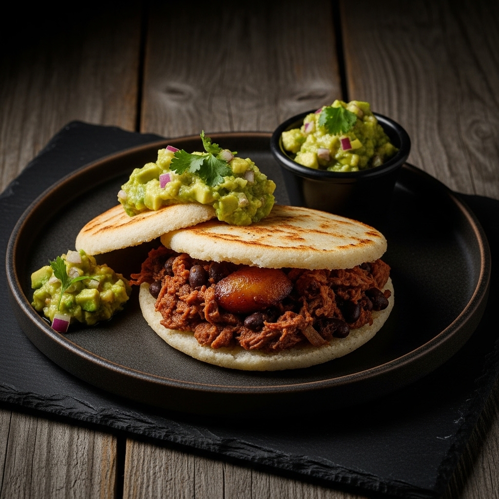 Exquisite Venezuelan Dinner: Gluten-Free Arepa de Maíz, Pabellón Criollo, and Guasacaca Sauce